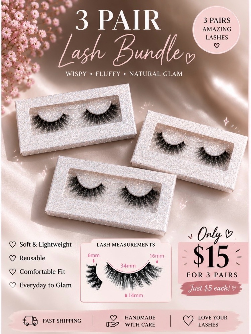 3 Pair Wispy Fluffy False Eyelash Bundle - Black